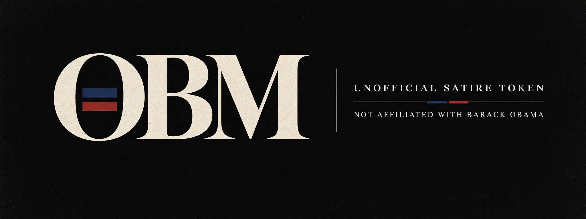 OBM cream-lettered wordmark on black with muted blue and red accents and a notice of no affiliation with Barack Obama